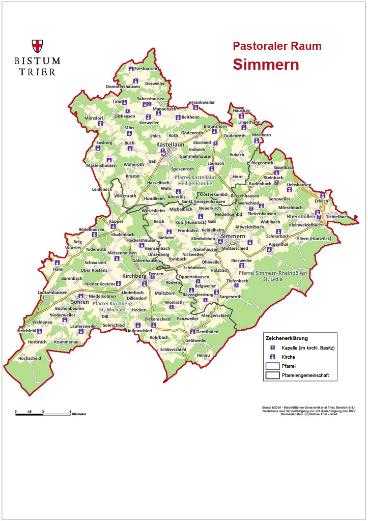 Die Übersichtskarte des Pastoralen Raums Simmern mit den dazugehörigen (fusionierten) Pfarreiengemeinschaften.